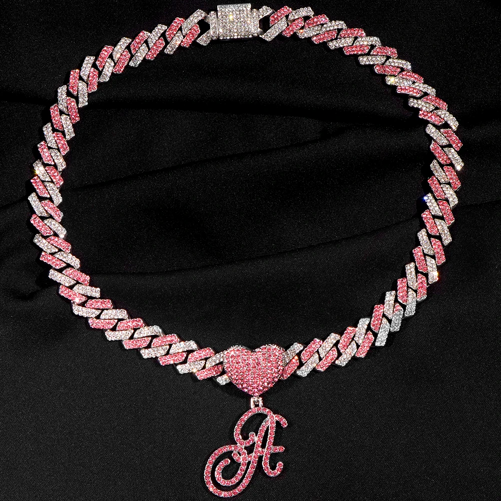 Hip Hop Bling Pink Crystal Cursive Initial Letter Cuban Necklace for Women Iced Out Paved Cuban Chain Necklace Choker Jewelry