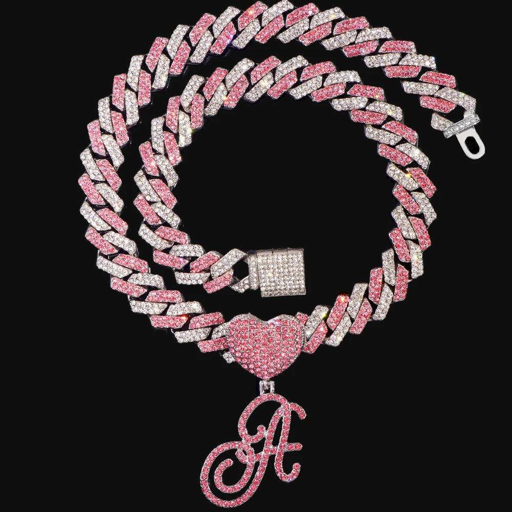 Hip Hop Bling Pink Crystal Cursive Initial Letter Cuban Necklace for Women Iced Out Paved Cuban Chain Necklace Choker Jewelry