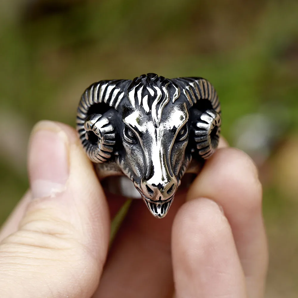 New 316L Stainless Steel Vintage Goat Sheep Animal Rings Men's Fashion Hip Hop Biker Rings Animal Jewelry Birthday Creative Gift
