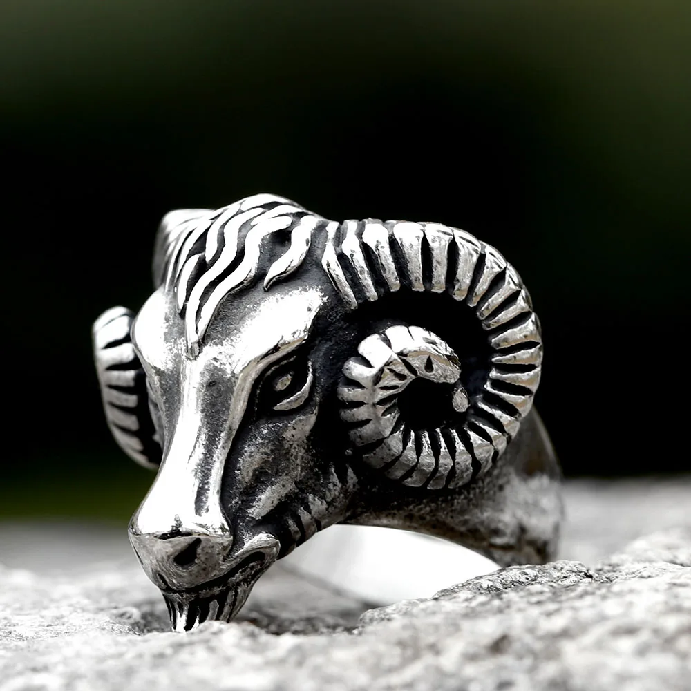 New 316L Stainless Steel Vintage Goat Sheep Animal Rings Men's Fashion Hip Hop Biker Rings Animal Jewelry Birthday Creative Gift