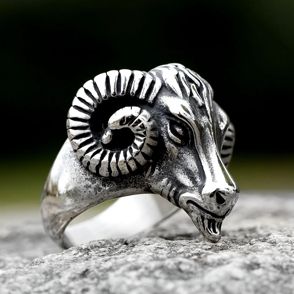 New 316L Stainless Steel Vintage Goat Sheep Animal Rings Men's Fashion Hip Hop Biker Rings Animal Jewelry Birthday Creative Gift