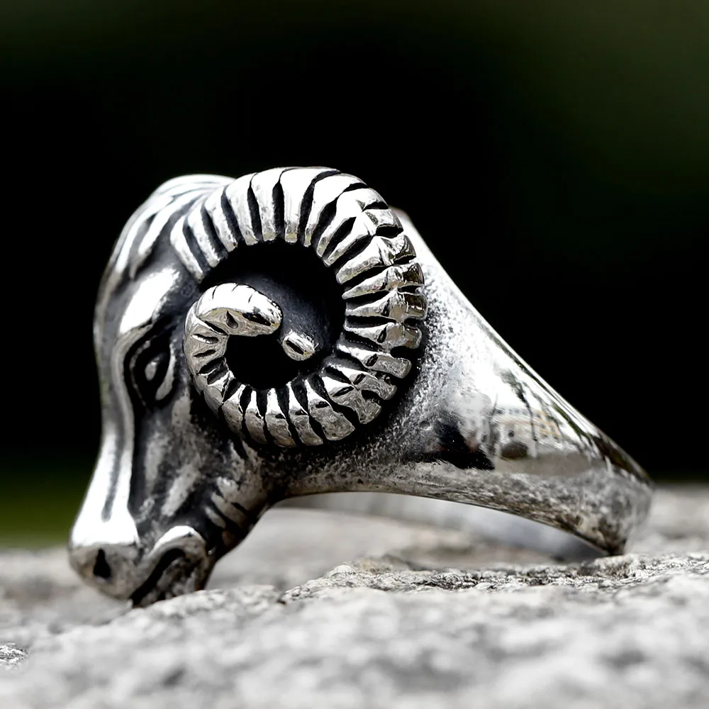 New 316L Stainless Steel Vintage Goat Sheep Animal Rings Men's Fashion Hip Hop Biker Rings Animal Jewelry Birthday Creative Gift
