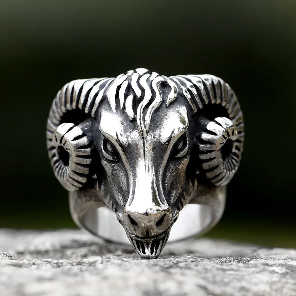 New 316L Stainless Steel Vintage Goat Sheep Animal Rings Men's Fashion Hip Hop Biker Rings Animal Jewelry Birthday Creative Gift
