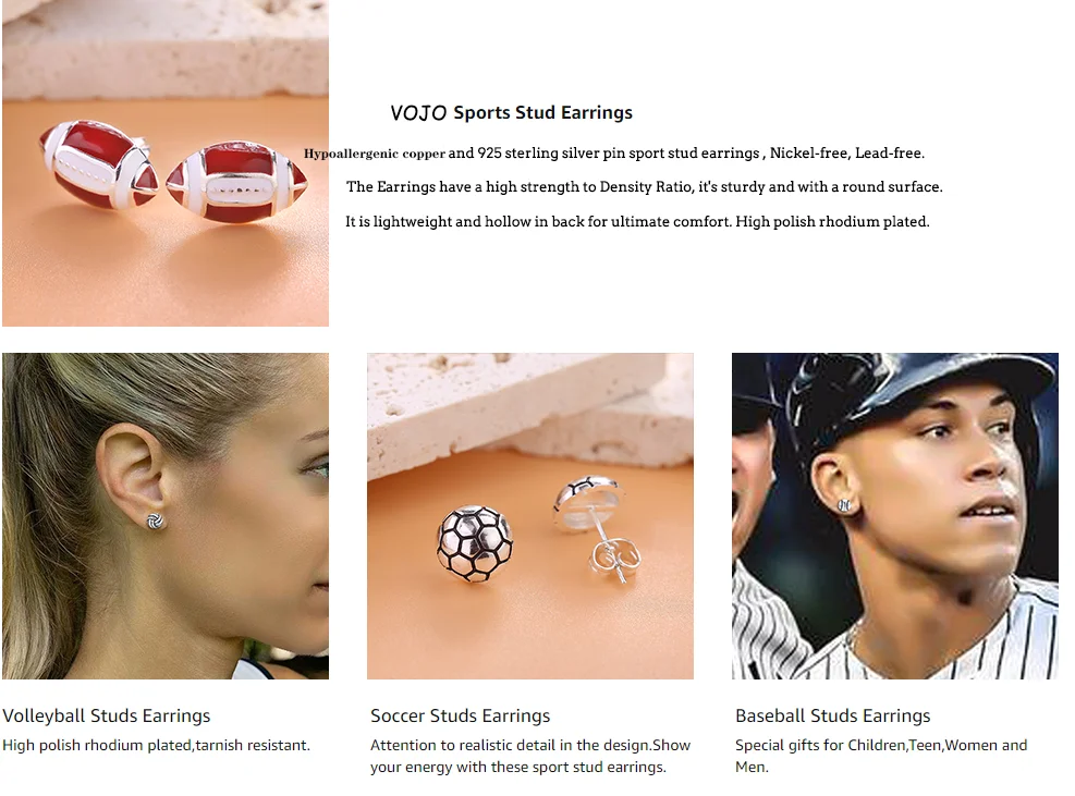 VOJO Sports Stud Earrings Football, Soccer, Basketball, Volleyball, Tennis, Baseball Earrings for Women Men Player Fan Gifts