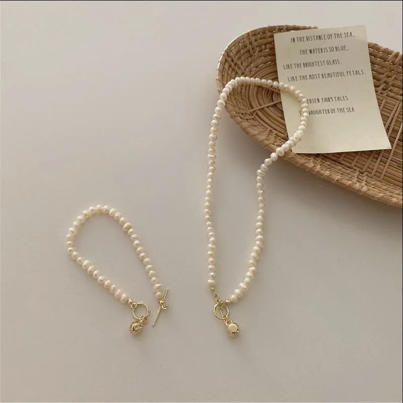 Minar Korean Vintage Natural Freshwater Pearl Chokers Necklaces for Women Gold Color Copper Toggle Clasp Circle Necklace Jewelry