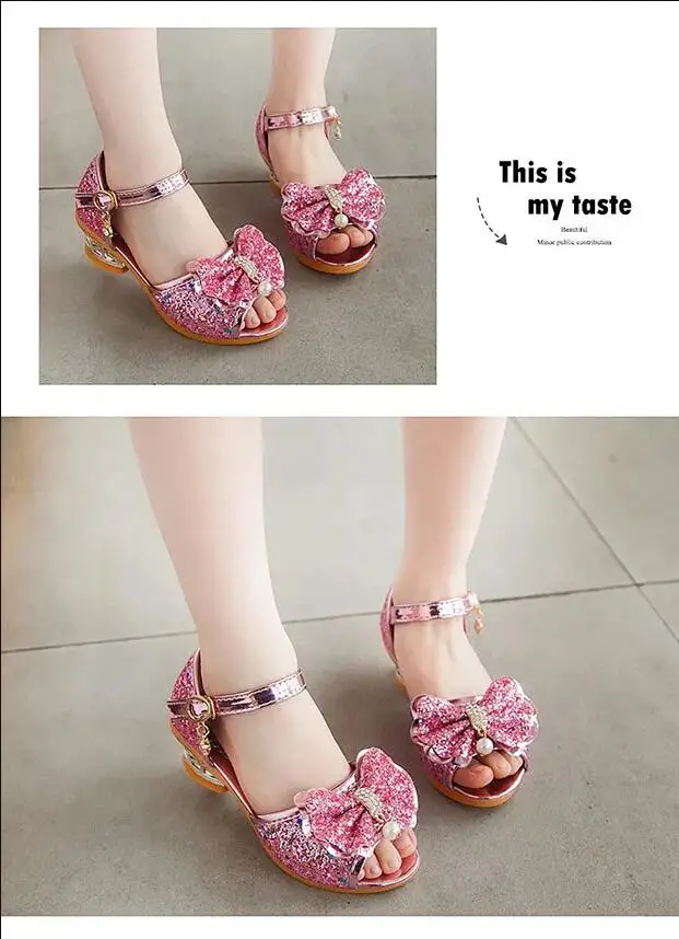 Girls Sandals Summer 2021  New Children's Princess Shoes Little Girls High-heeled Bow-knot Crystal Sandals Party Dress Wedding