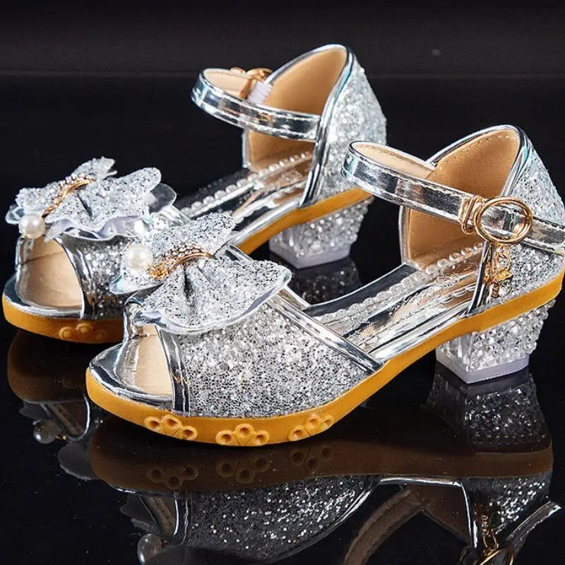 Girls Sandals Summer 2021  New Children's Princess Shoes Little Girls High-heeled Bow-knot Crystal Sandals Party Dress Wedding