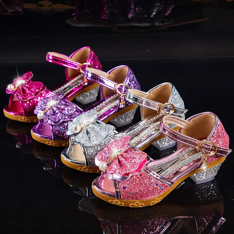 Girls Sandals Summer 2021  New Children's Princess Shoes Little Girls High-heeled Bow-knot Crystal Sandals Party Dress Wedding