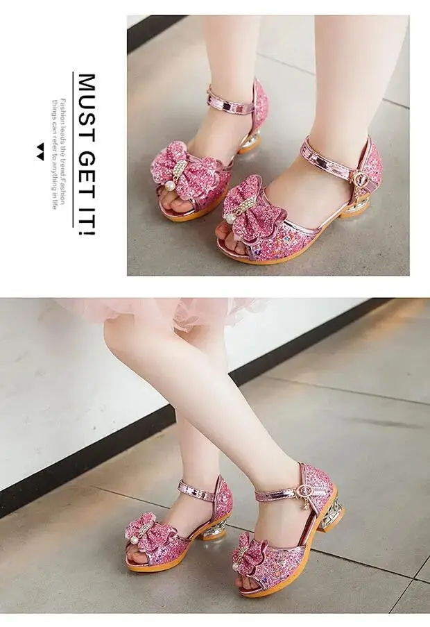 Girls Sandals Summer 2021  New Children's Princess Shoes Little Girls High-heeled Bow-knot Crystal Sandals Party Dress Wedding
