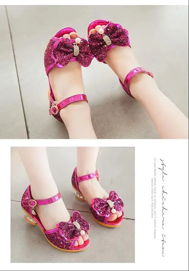 Girls Sandals Summer 2021  New Children's Princess Shoes Little Girls High-heeled Bow-knot Crystal Sandals Party Dress Wedding