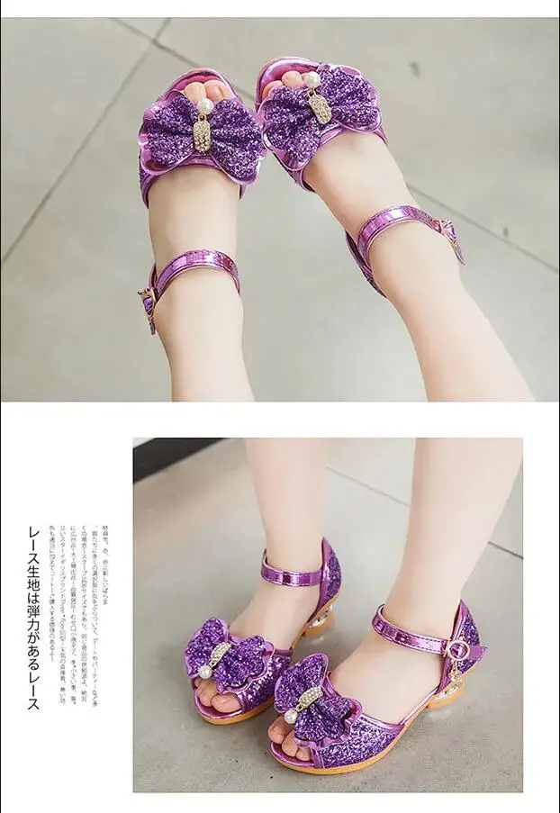 Girls Sandals Summer 2021  New Children's Princess Shoes Little Girls High-heeled Bow-knot Crystal Sandals Party Dress Wedding