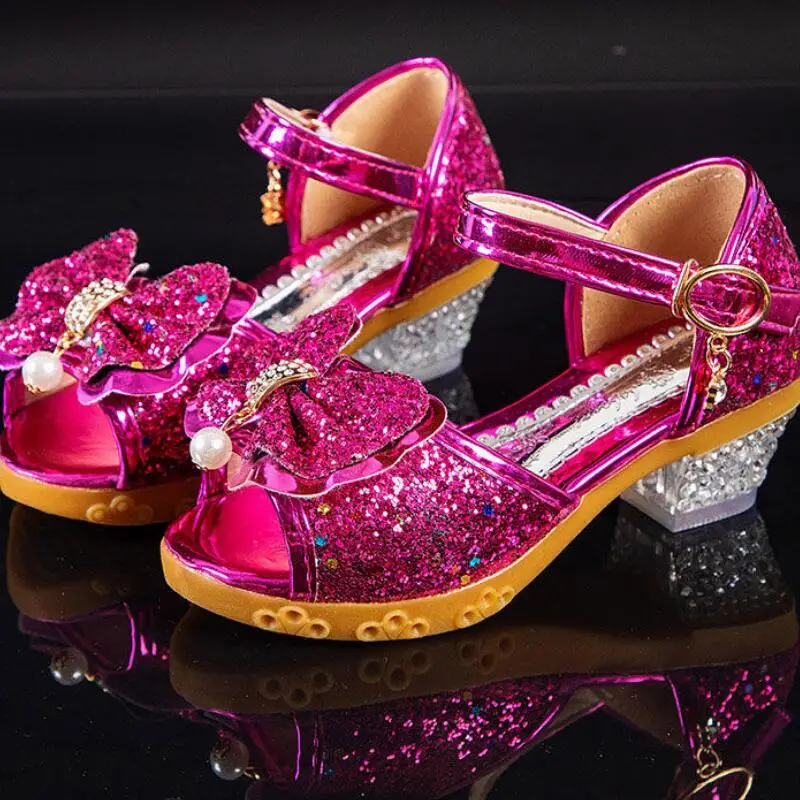Girls Sandals Summer 2021  New Children's Princess Shoes Little Girls High-heeled Bow-knot Crystal Sandals Party Dress Wedding
