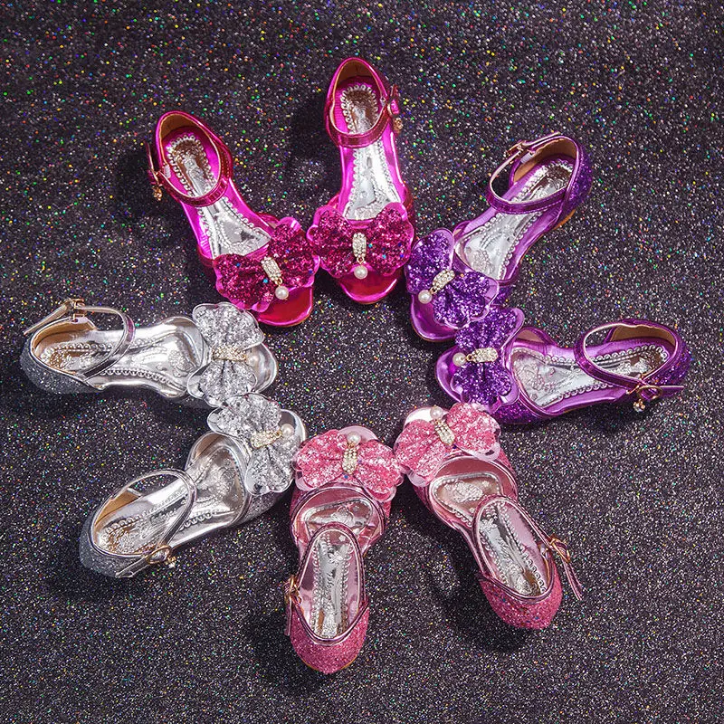Girls Sandals Summer 2021  New Children's Princess Shoes Little Girls High-heeled Bow-knot Crystal Sandals Party Dress Wedding
