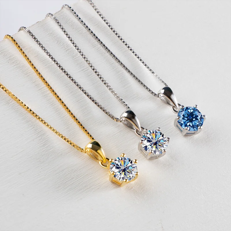 JoyceJelly 1 CT Real Moissanite Pendant Necklace For Women Royal Blue Color Moissanite 925 Sterling Silver Wedding Fine Jewelry