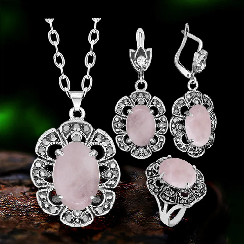 Vintage Flower Pendant Natural Stone Quartz Opal Sets For Women Antique Silver Plated Necklace Earring Ring Fashion Jewelry