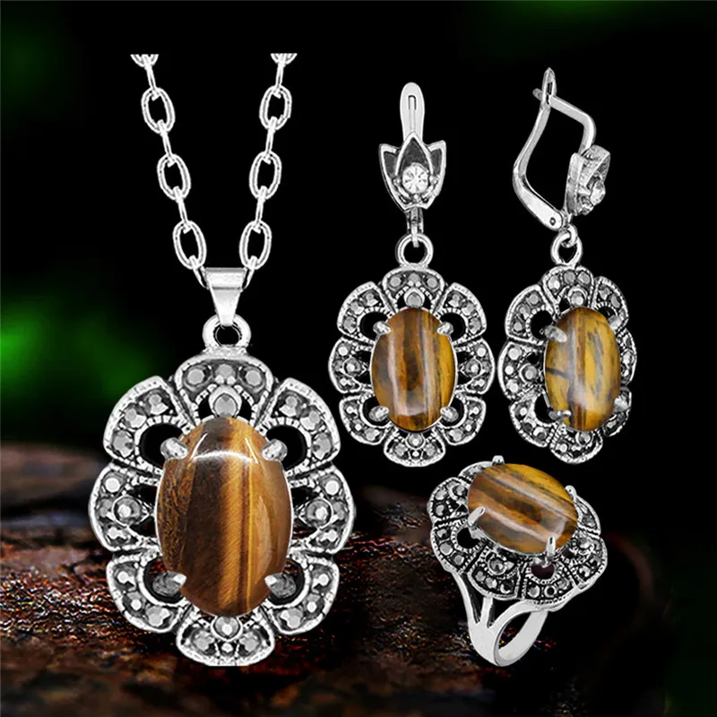 Vintage Flower Pendant Natural Stone Quartz Opal Sets For Women Antique Silver Plated Necklace Earring Ring Fashion Jewelry