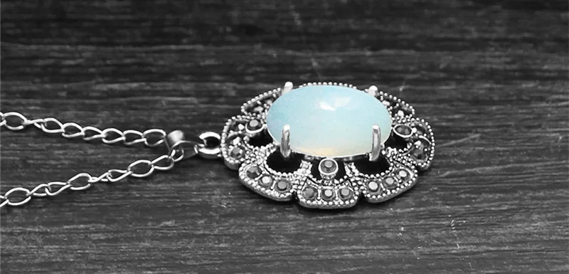 Vintage Flower Pendant Natural Stone Quartz Opal Sets For Women Antique Silver Plated Necklace Earring Ring Fashion Jewelry