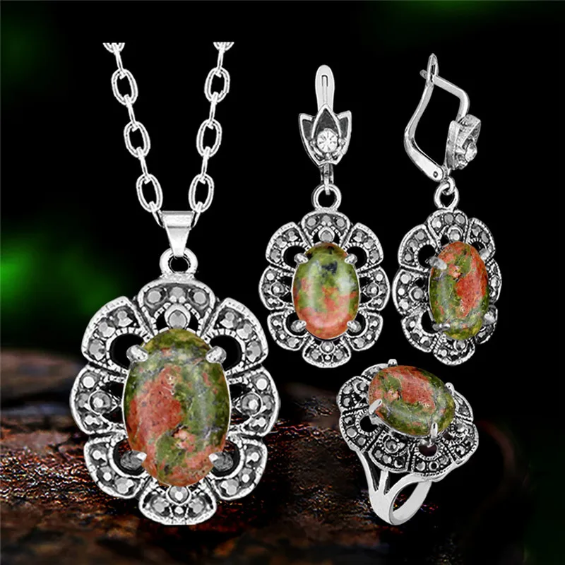 Vintage Flower Pendant Natural Stone Quartz Opal Sets For Women Antique Silver Plated Necklace Earring Ring Fashion Jewelry