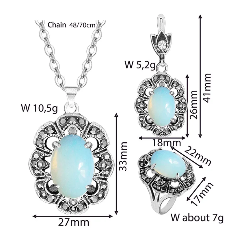 Vintage Flower Pendant Natural Stone Quartz Opal Sets For Women Antique Silver Plated Necklace Earring Ring Fashion Jewelry