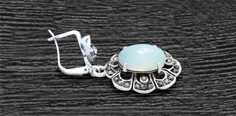 Vintage Flower Pendant Natural Stone Quartz Opal Sets For Women Antique Silver Plated Necklace Earring Ring Fashion Jewelry