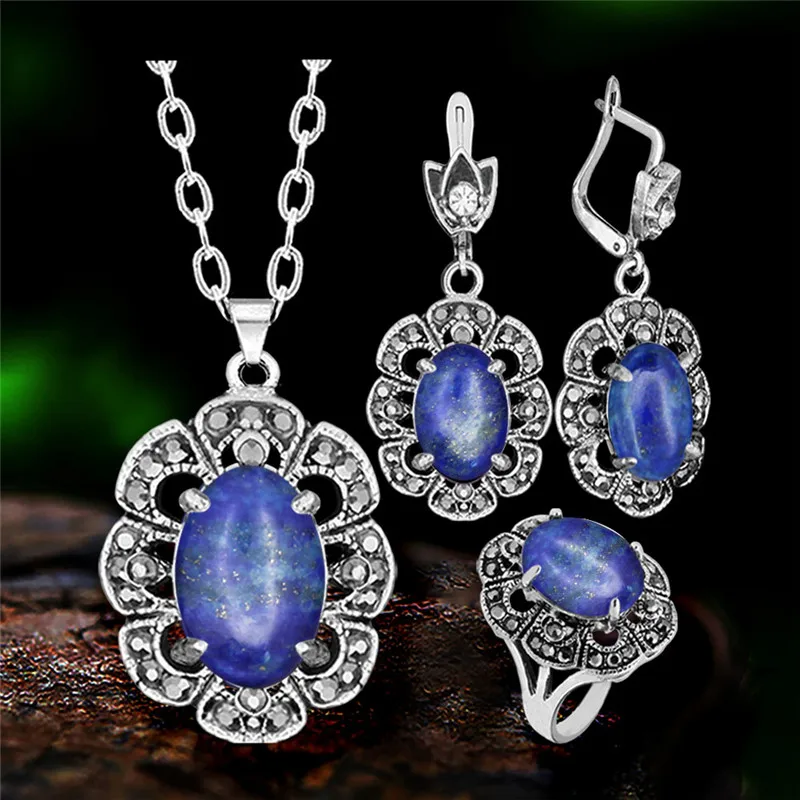 Vintage Flower Pendant Natural Stone Quartz Opal Sets For Women Antique Silver Plated Necklace Earring Ring Fashion Jewelry