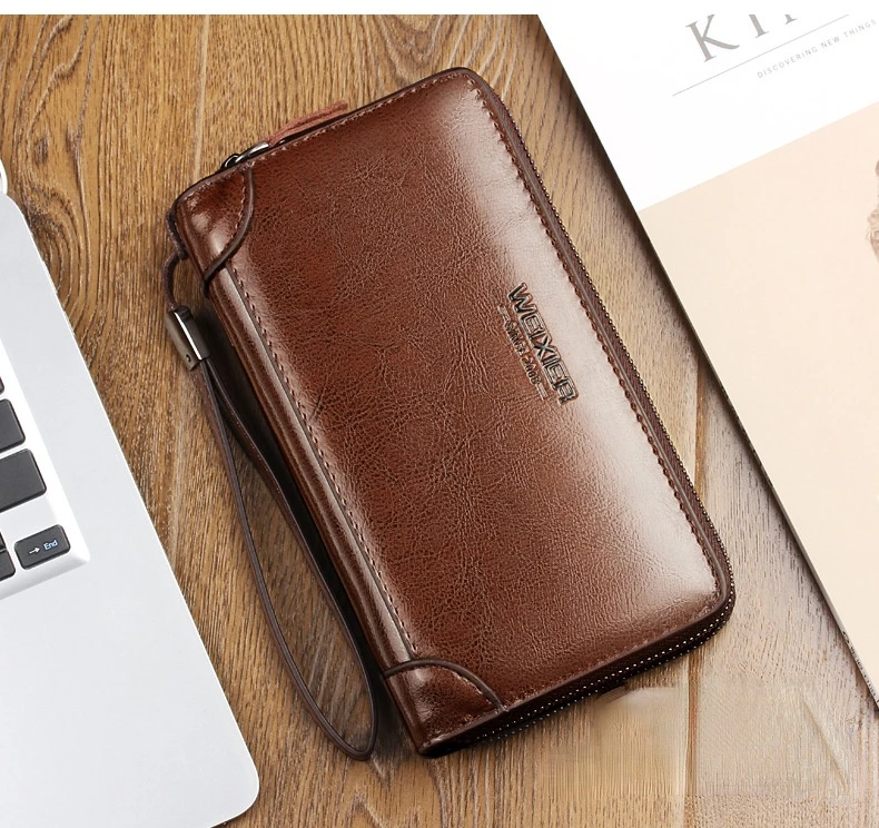Men's Wallet Long Wallet Quality PU Leather Wallet Men's Double Zipper Coin Pocket Purse Youth Business Clutch Phone Bag