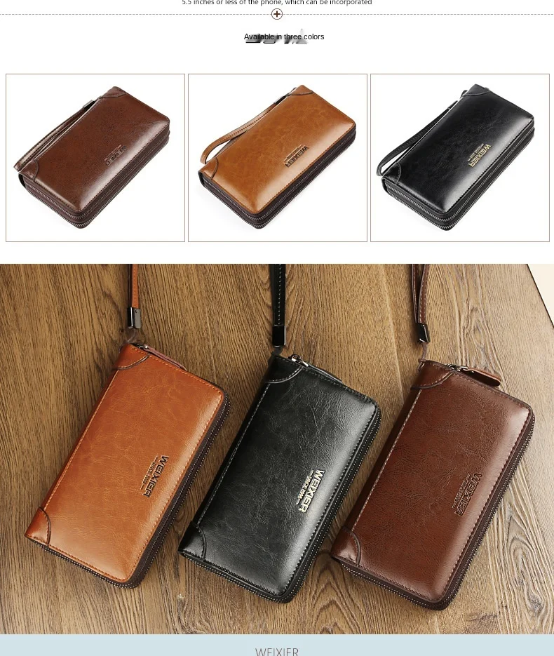 Men's Wallet Long Wallet Quality PU Leather Wallet Men's Double Zipper Coin Pocket Purse Youth Business Clutch Phone Bag