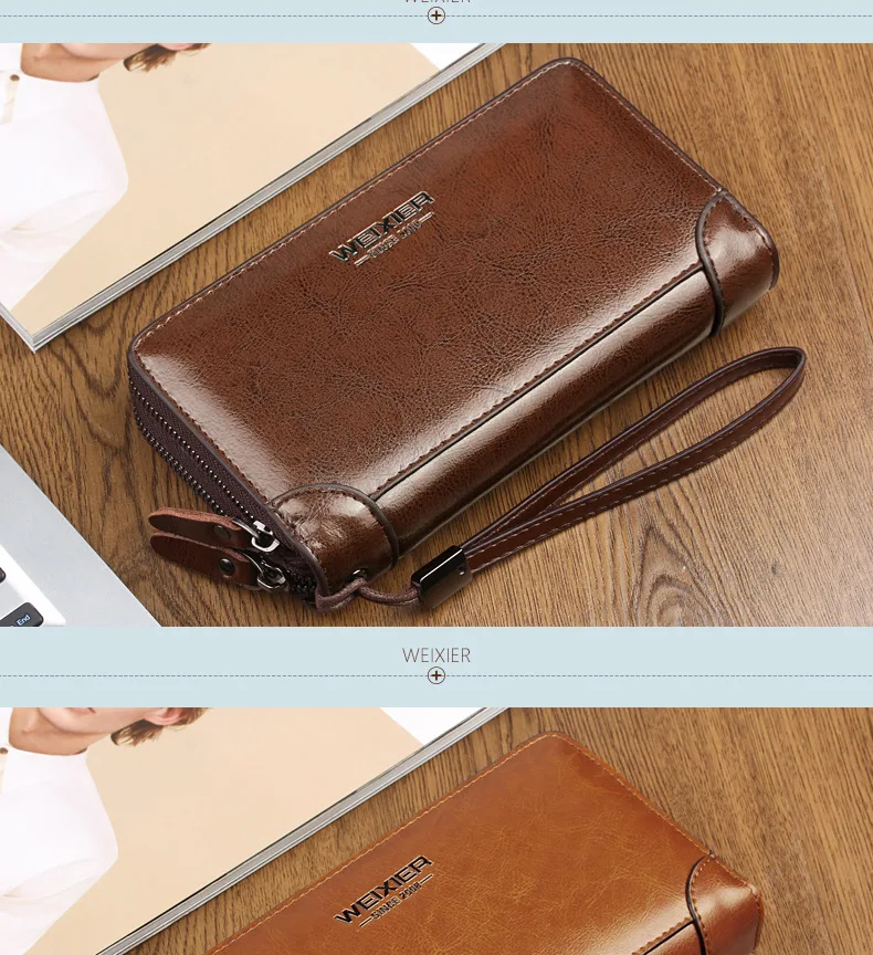 Men's Wallet Long Wallet Quality PU Leather Wallet Men's Double Zipper Coin Pocket Purse Youth Business Clutch Phone Bag
