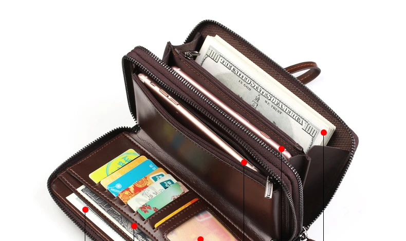 Men's Wallet Long Wallet Quality PU Leather Wallet Men's Double Zipper Coin Pocket Purse Youth Business Clutch Phone Bag