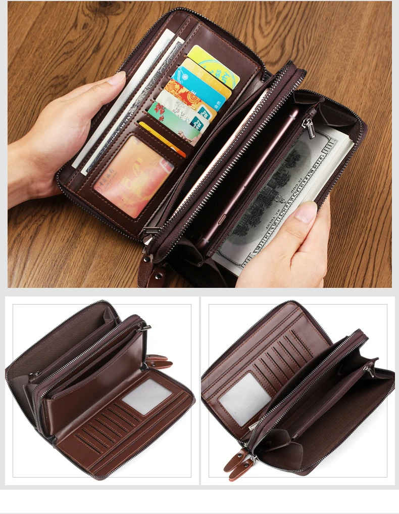 Men's Wallet Long Wallet Quality PU Leather Wallet Men's Double Zipper Coin Pocket Purse Youth Business Clutch Phone Bag
