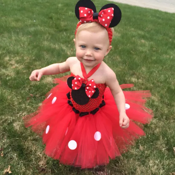 Lovely Girls Pink Cartoon Tutu Dress Baby Crochet Tulle Tutus with Dots Bow and Headband Set Kids Birthday Party Costume Dresses