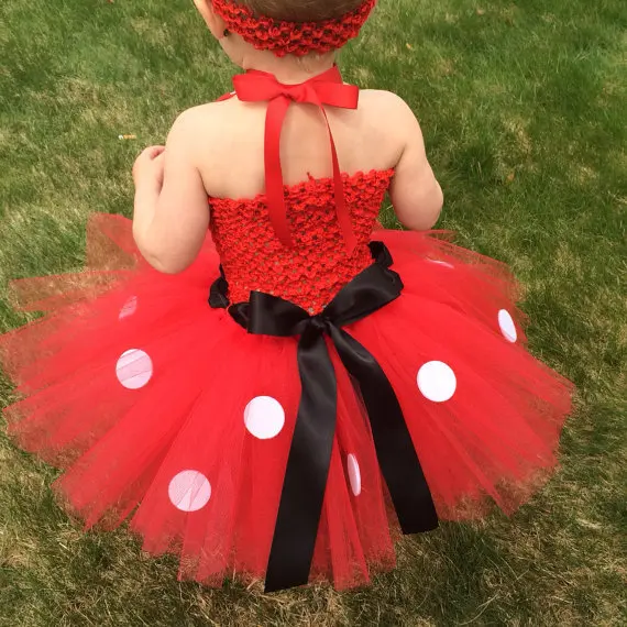 Lovely Girls Pink Cartoon Tutu Dress Baby Crochet Tulle Tutus with Dots Bow and Headband Set Kids Birthday Party Costume Dresses