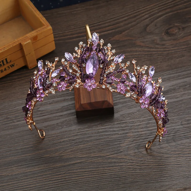 KMVEXO New Handmade Purple Champagne Crystal Bridal Tiaras Crown Women Wedding Headdress Crown Party Costume Hair Accessories