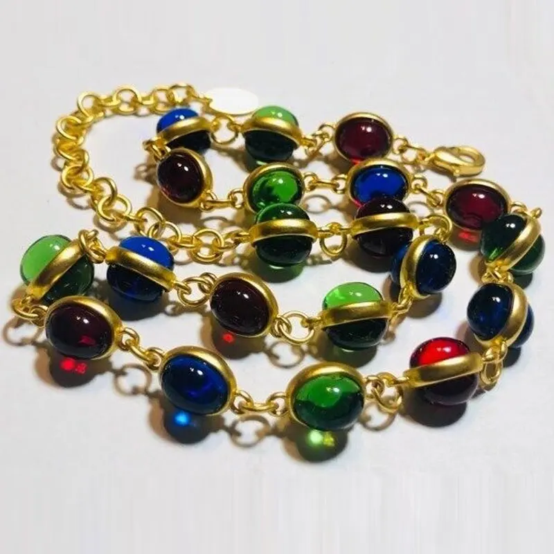Rainbow Glass Vintage Style Long Necklace Bezel Jelly Glass Cabochons