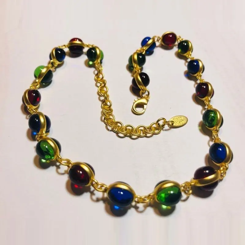 Rainbow Glass Vintage Style Long Necklace Bezel Jelly Glass Cabochons