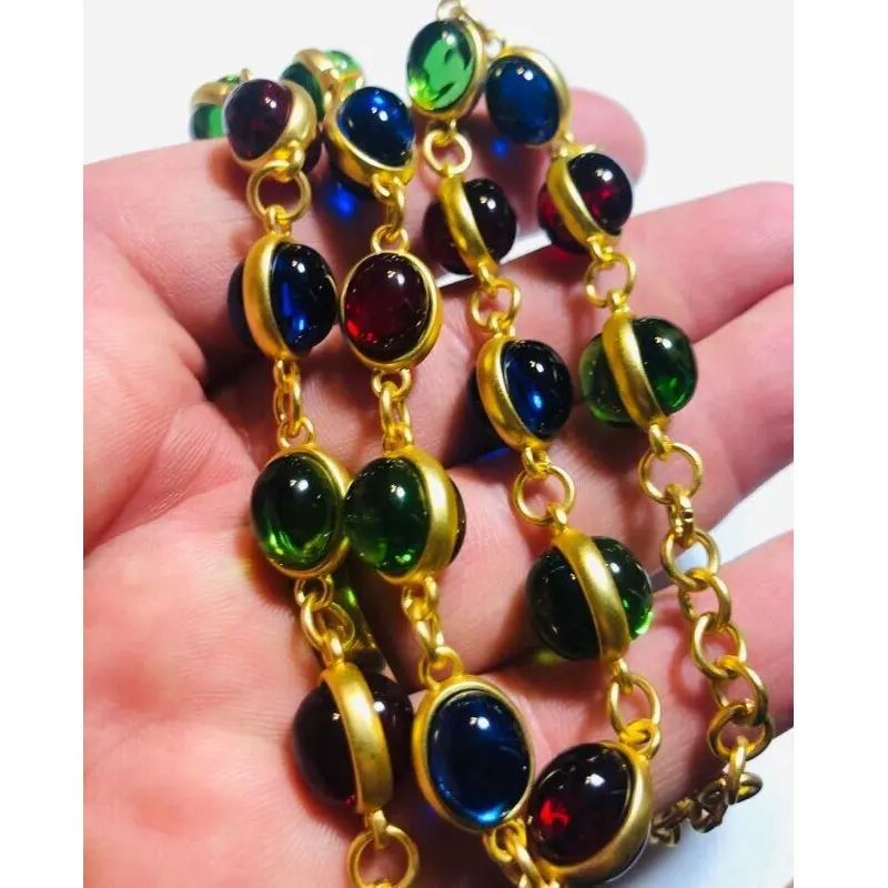Rainbow Glass Vintage Style Long Necklace Bezel Jelly Glass Cabochons