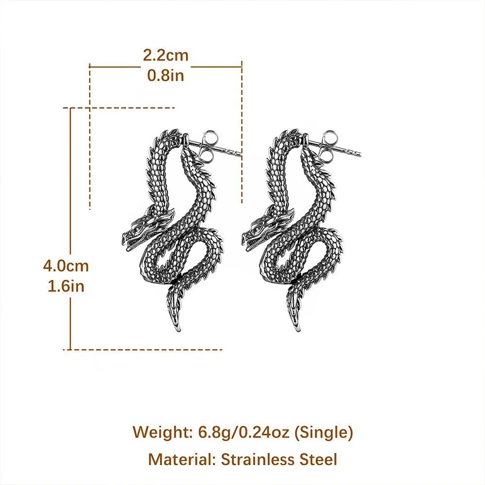 Punk Chinese Dragon Earrings for Women Gift Stainless Steel Unique Handsome Men Loong Ear studs Vintage Male Jewelry Accessories