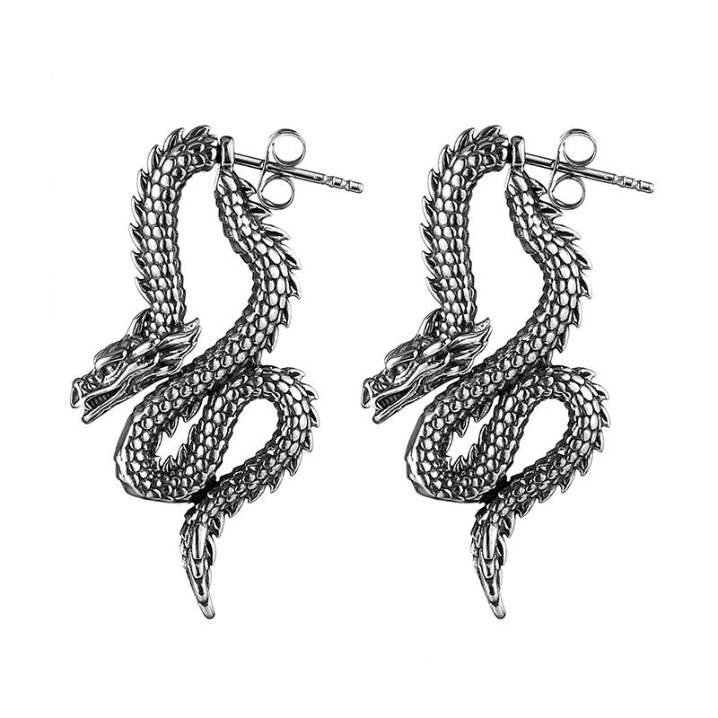 Punk Chinese Dragon Earrings for Women Gift Stainless Steel Unique Handsome Men Loong Ear studs Vintage Male Jewelry Accessories