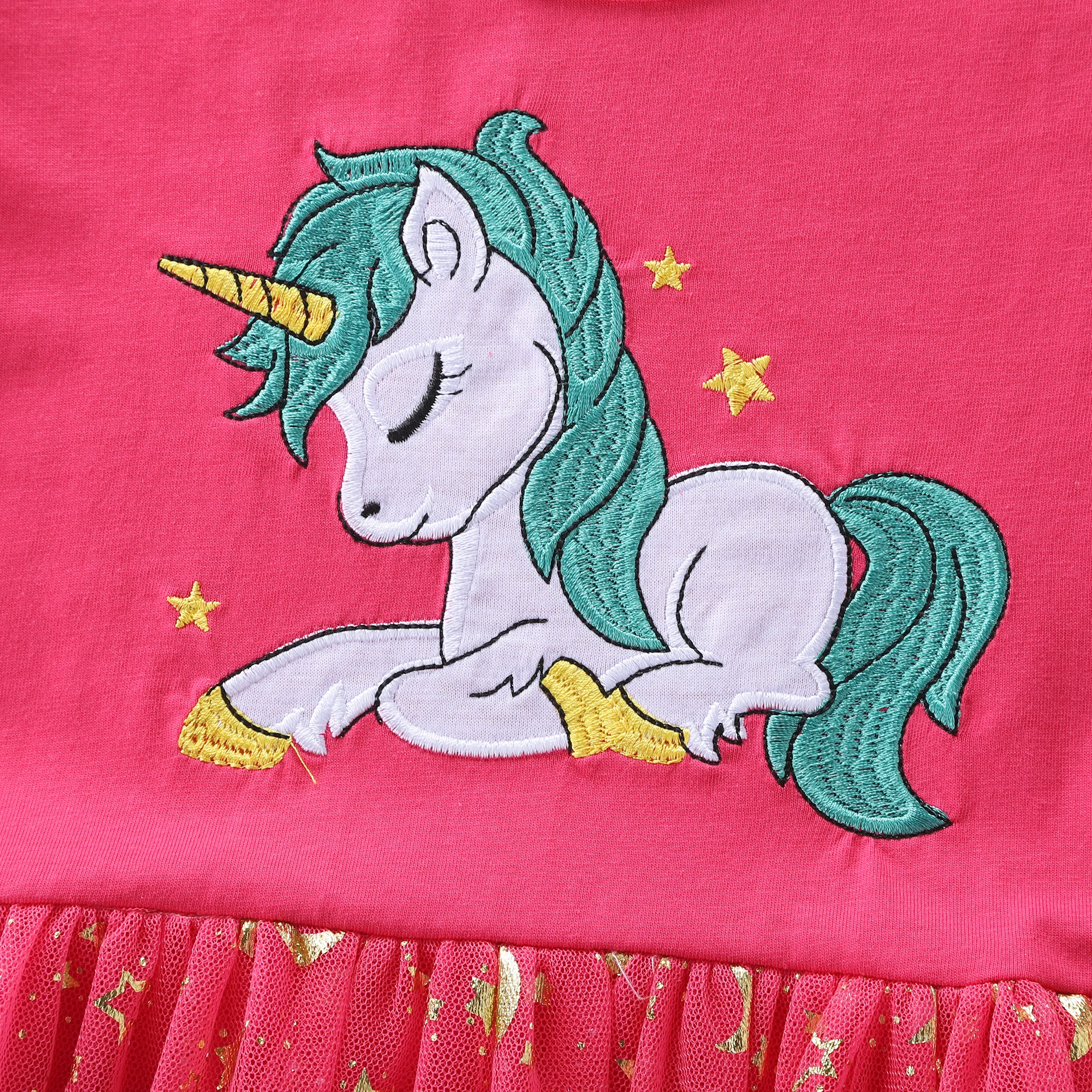 Girls' Autumn New Cotton Embroidered Cartoon Unicorn Mesh Dress