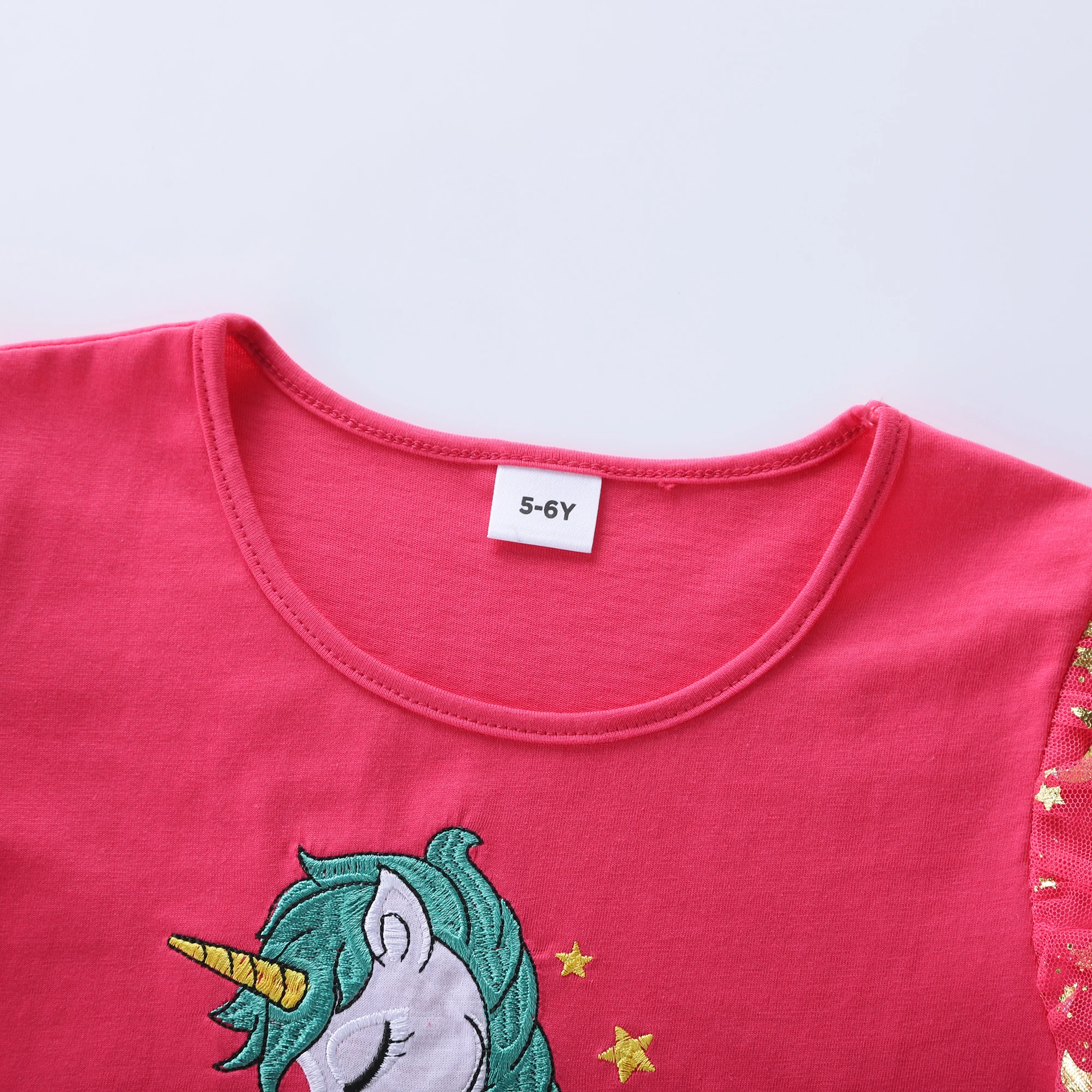 Girls' Autumn New Cotton Embroidered Cartoon Unicorn Mesh Dress