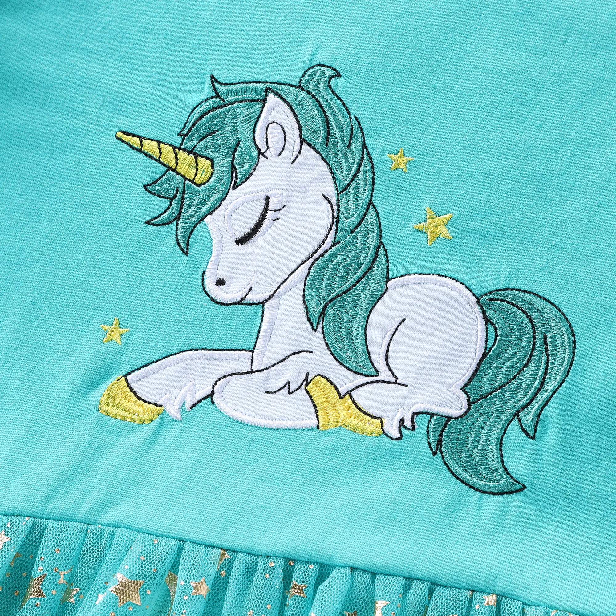 Girls' Autumn New Cotton Embroidered Cartoon Unicorn Mesh Dress