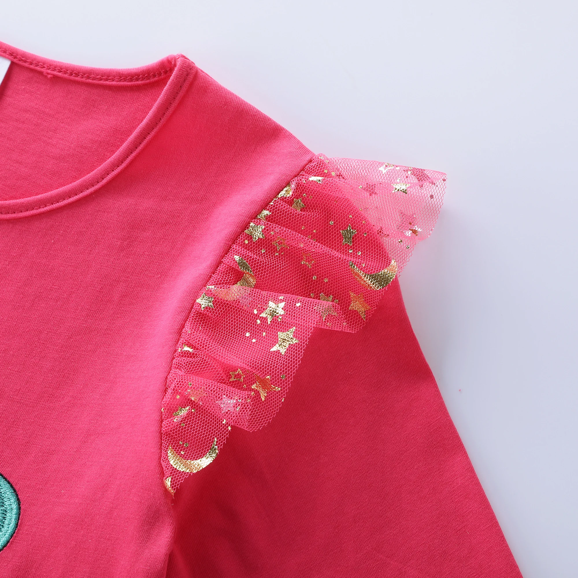Girls' Autumn New Cotton Embroidered Cartoon Unicorn Mesh Dress