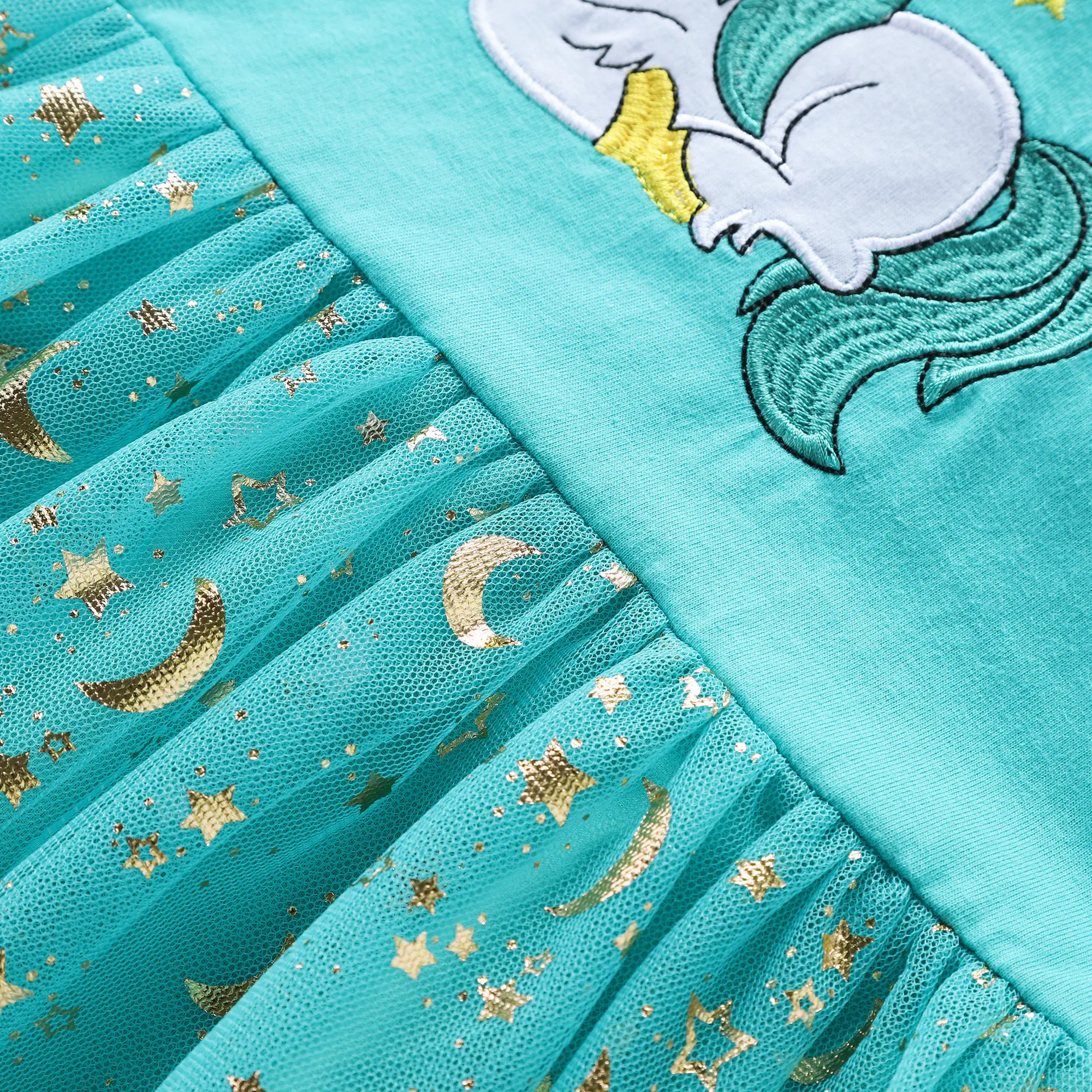 Girls' Autumn New Cotton Embroidered Cartoon Unicorn Mesh Dress
