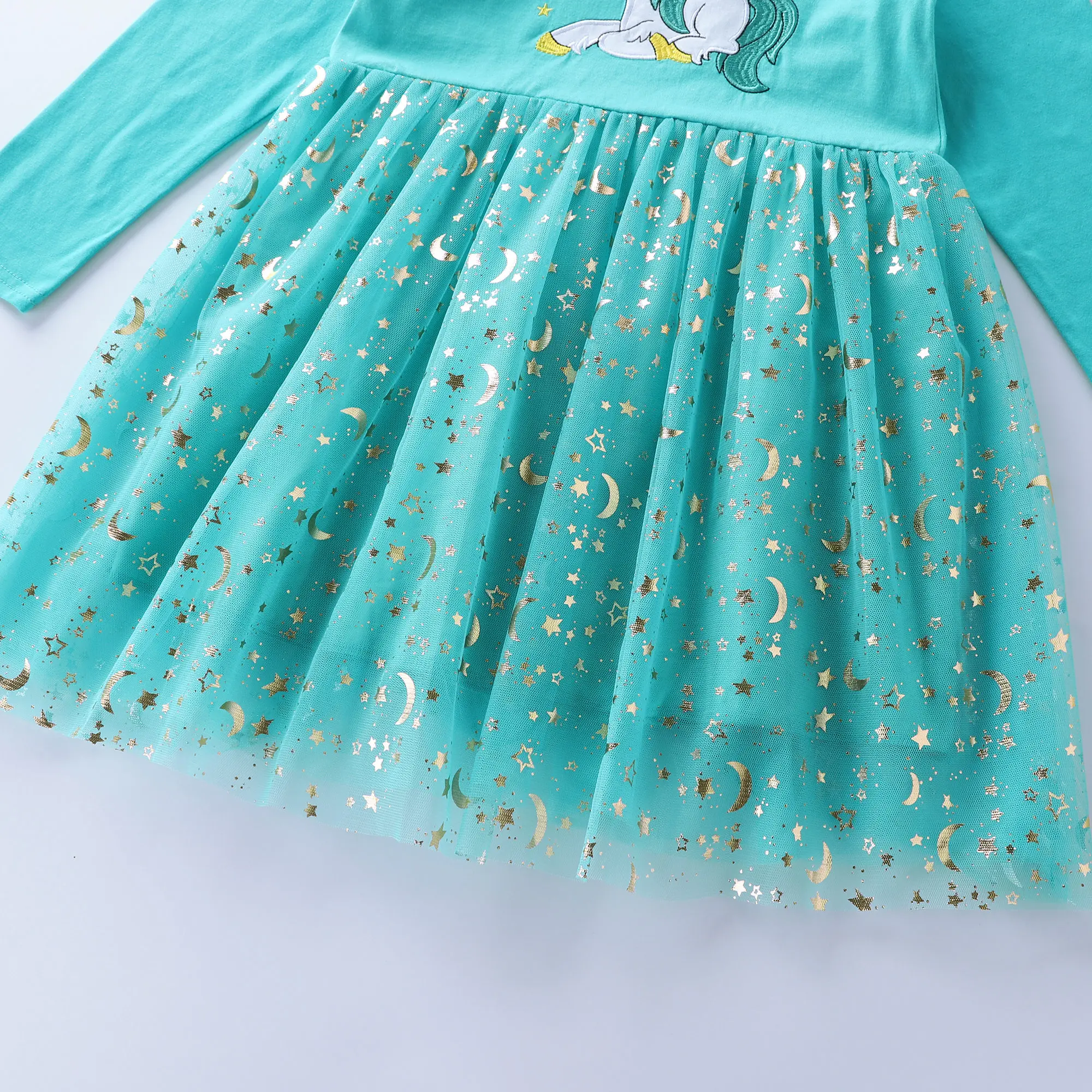 Girls' Autumn New Cotton Embroidered Cartoon Unicorn Mesh Dress