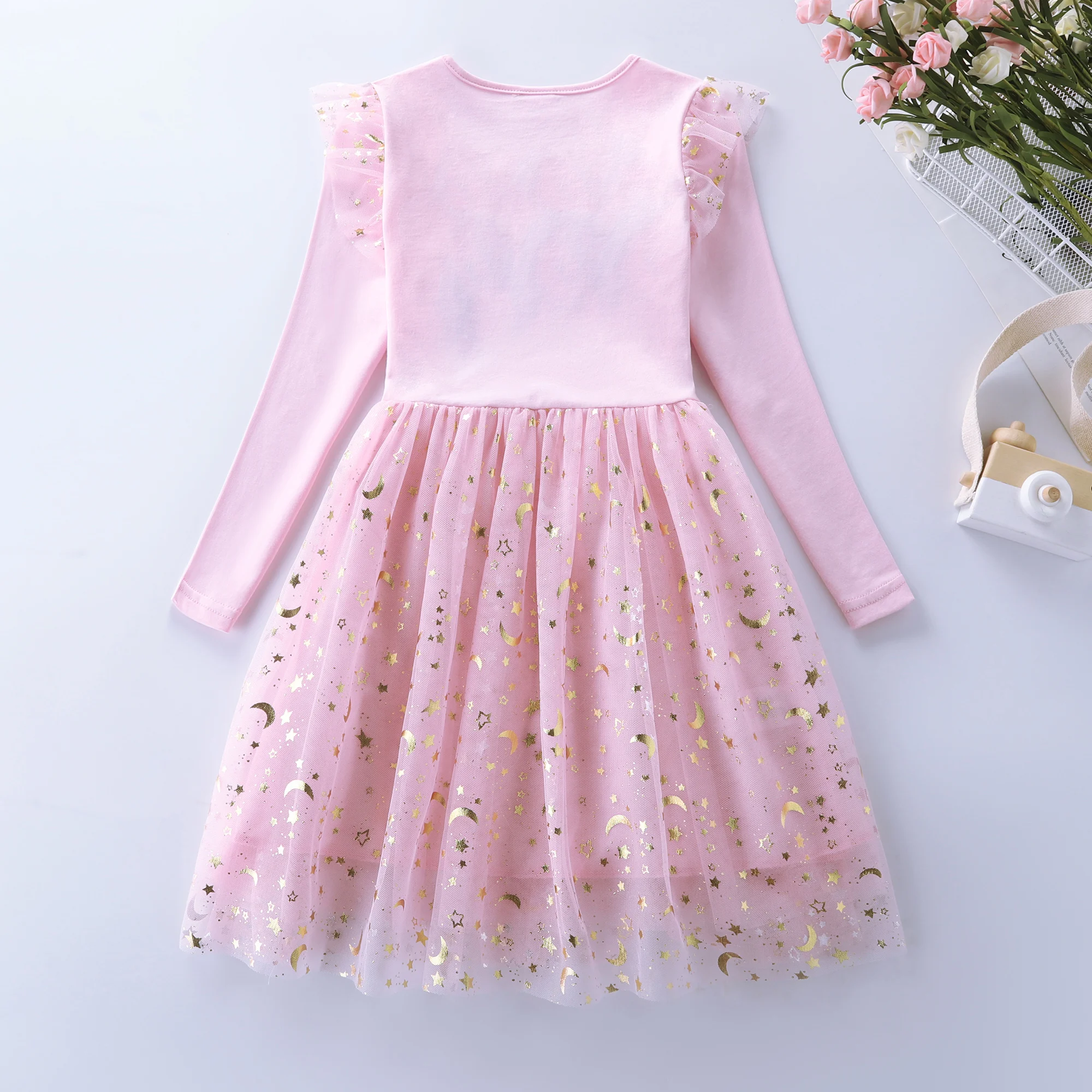 Girls' Autumn New Cotton Embroidered Cartoon Unicorn Mesh Dress