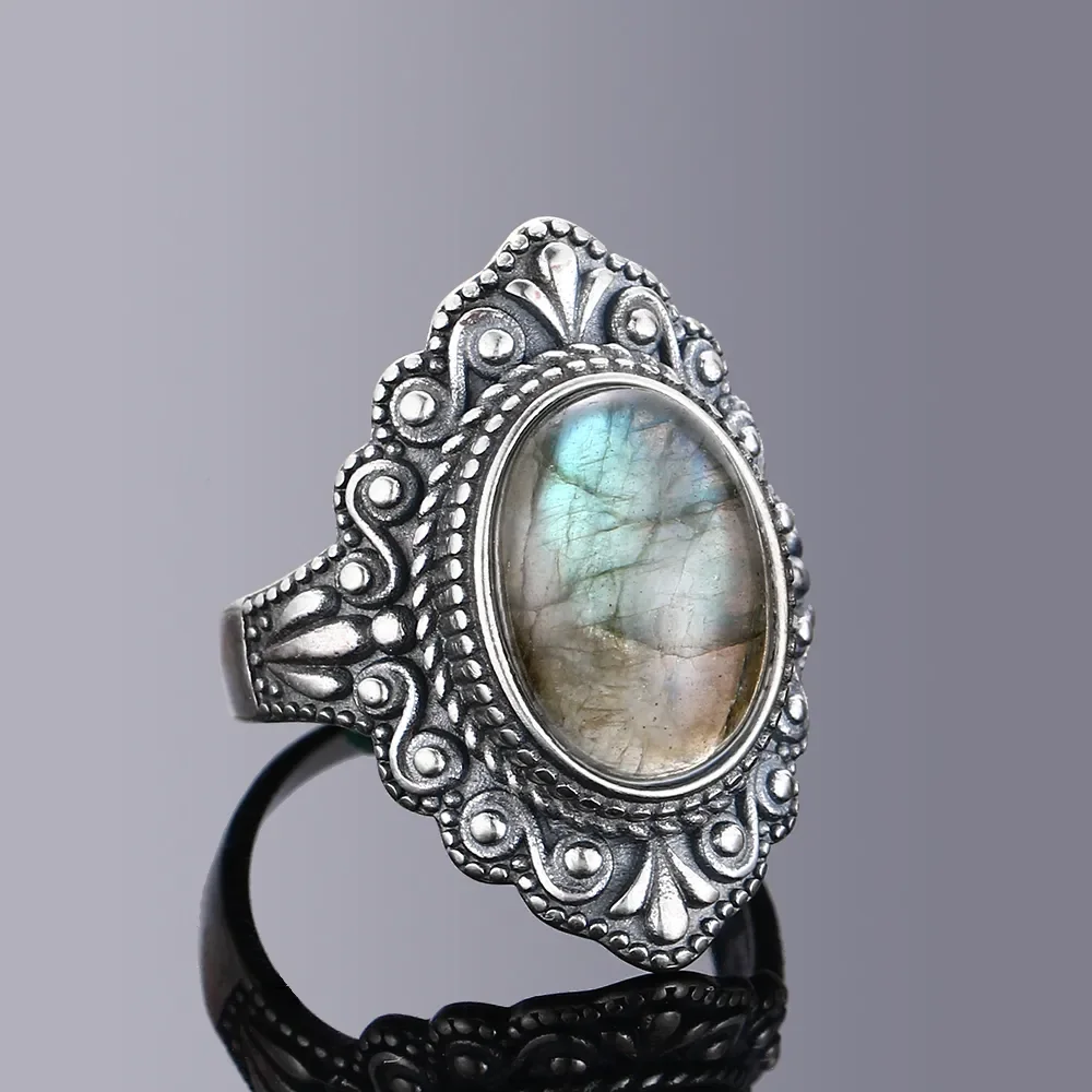 Oval Natural Labradorite Rings for Women Men S925 Silver Ring Finger Ring Retro Gemstone Rings Jewelry Party Gift