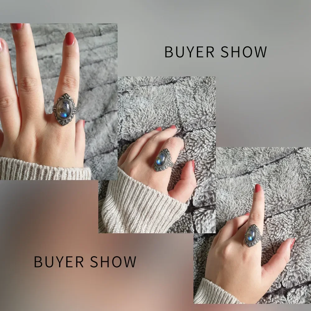 Oval Natural Labradorite Rings for Women Men S925 Silver Ring Finger Ring Retro Gemstone Rings Jewelry Party Gift