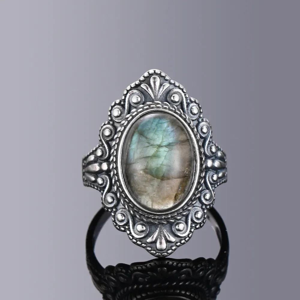 Oval Natural Labradorite Rings for Women Men S925 Silver Ring Finger Ring Retro Gemstone Rings Jewelry Party Gift