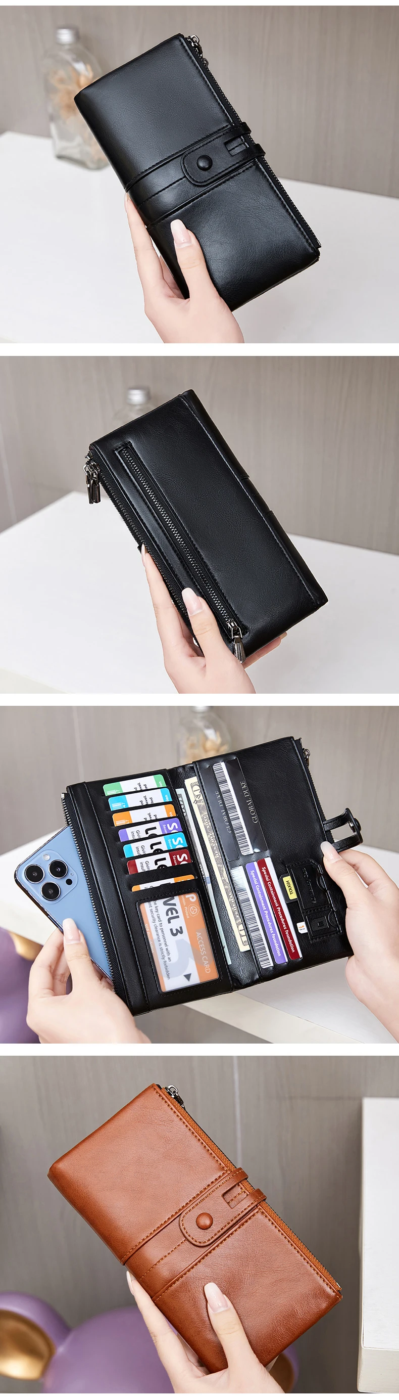Hot Selling RFID Women's Long Wallet PU Leather Handbag with Multiple Card Slots, Coin Zipper Wallet, Women's Mobile Wallet