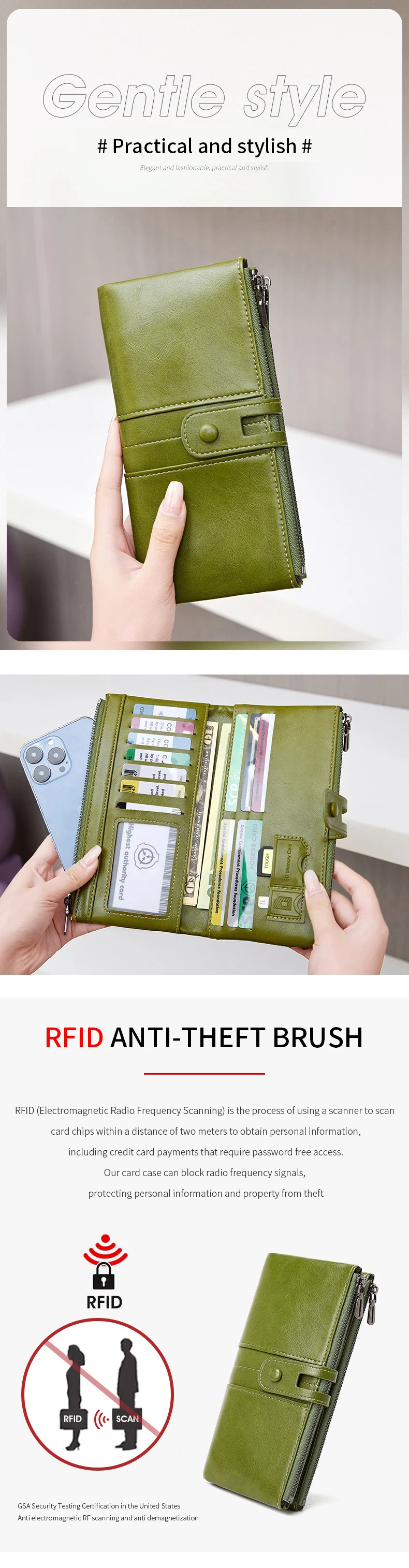 Hot Selling RFID Women's Long Wallet PU Leather Handbag with Multiple Card Slots, Coin Zipper Wallet, Women's Mobile Wallet
